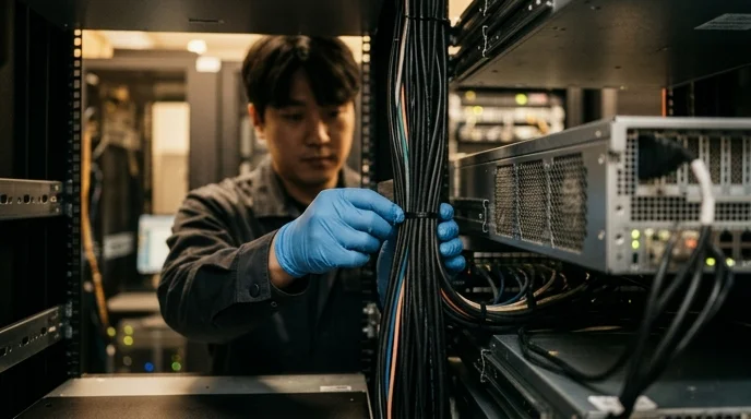 A gloved hand of a Korean technician tying cables inside a server rack, with out-of-focus background equipment.