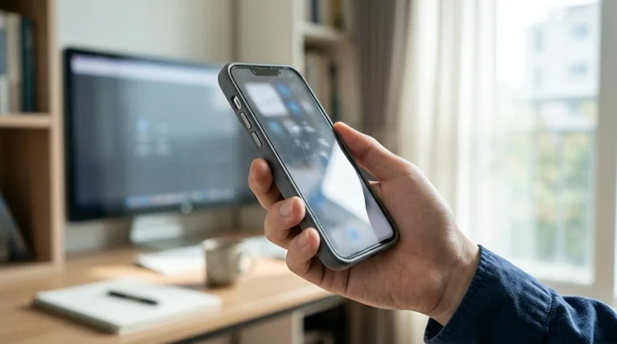 A Korean person's hand holding a smartphone with an out-of-focus screen in the background.