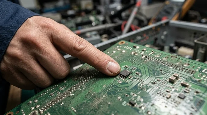 A Korean technician's finger pointing at a scratched green motherboard.