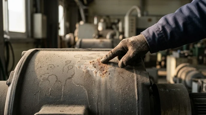 A gloved hand points at corrosion marks and dust on a metal industrial casing in a factory setting.