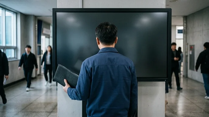 A Korean technician viewed from behind holding a closed binder and inspecting a display.