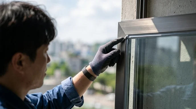 A Korean technician's gloved hand touching the silicone sealant along the edge of a screen frame outdoors.