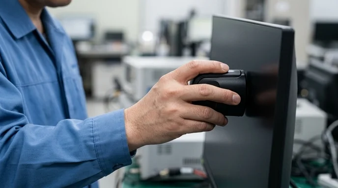A Korean technician's hand holding a black calibration colorimeter against the matte surface of a display module.