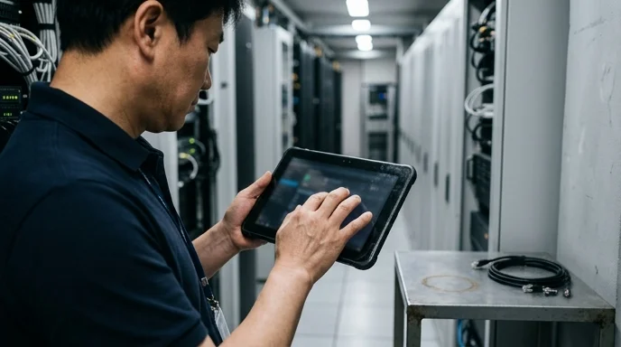 An administrator holding a tablet in a corridor setting.
