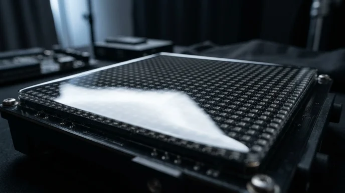 Macro shot of the glossy resin surface of a GOB LED pixel module reflecting light.