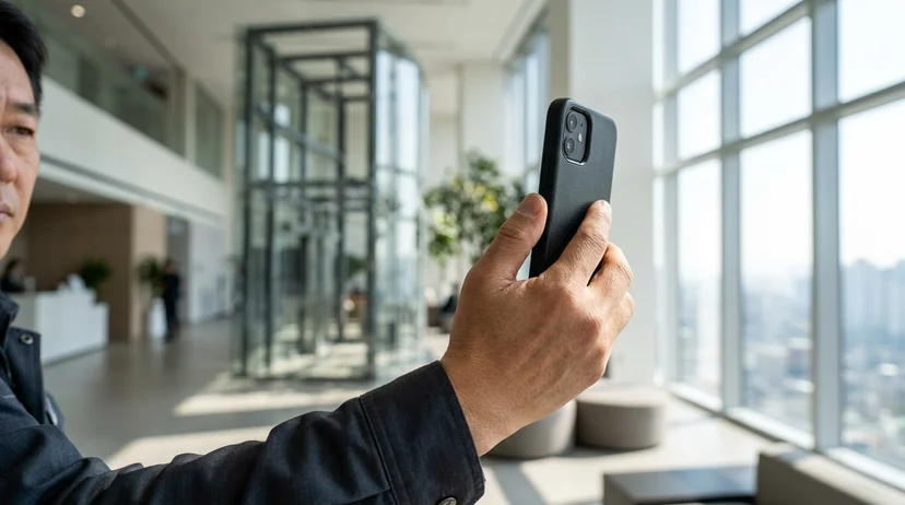 A Korean technician's hand holding a smartphone up toward a bright window in an indoor lobby.