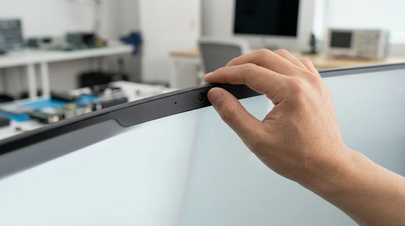 A Korean technician's hand inspecting a light sensor at the corner of a large screen.
