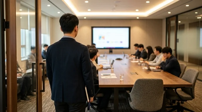 A Korean attendee viewed from behind looking at a large display from the entrance of a meeting room.