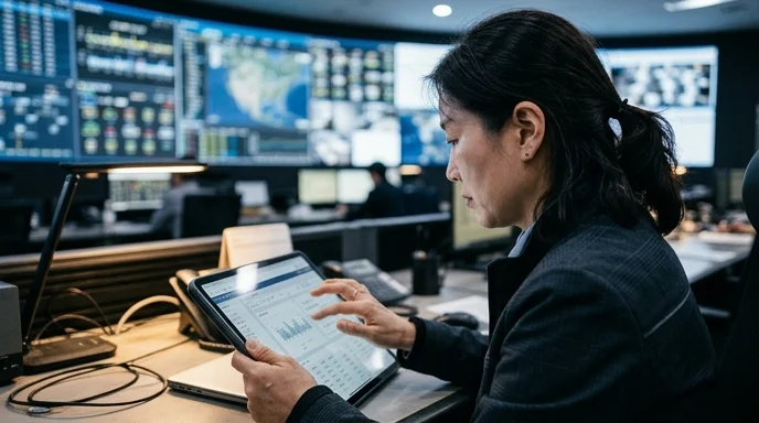 A Korean manager viewed from over the shoulder operating a smart pad in a control room with a blurry board.