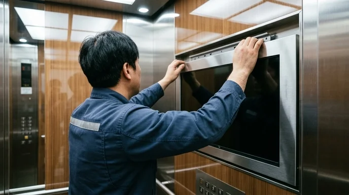 A Korean technician fitting a metal bracket behind a large display inside an elevator.