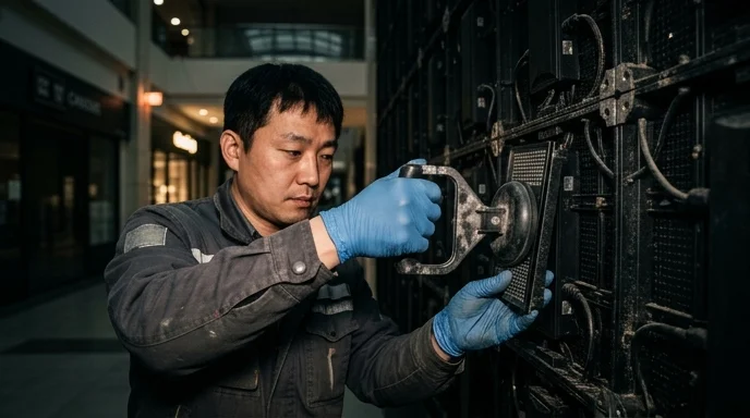 A Korean technician's hands removing a front module from a large screen using a suction tool.