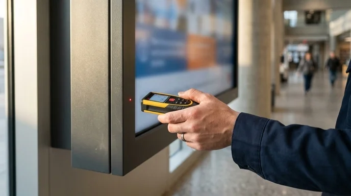 Close-up of a technician's hand holding a laser distance meter in front of a digital signage panel.