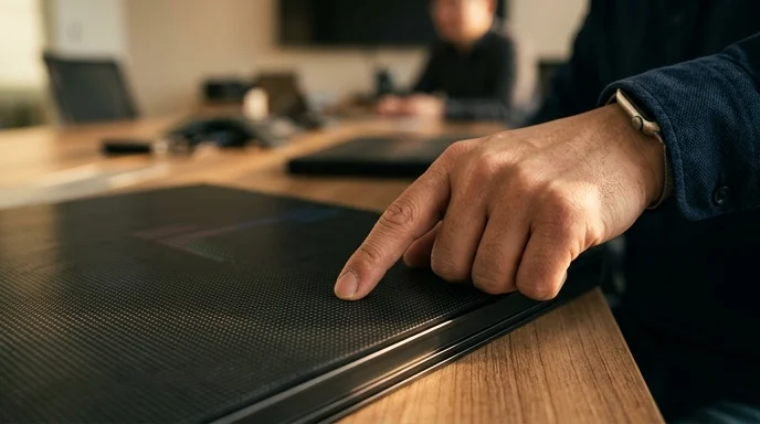 A Korean technician's hand examining the pixel grid on the surface of an LED module panel.