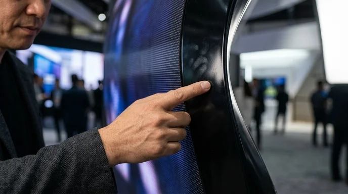 A hand gently touching the curved edge of a flexible LED background wall.