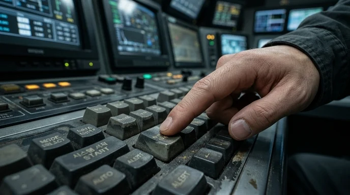 A Korean operator's hand pressing a worn keycap on a control console.