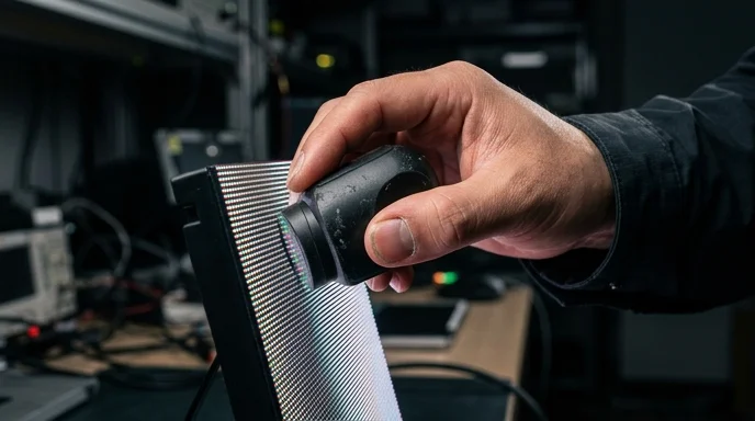 An engineer's hand pressing a calibration sensor against a bright LED module.