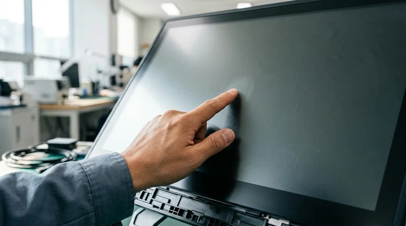 A Korean technician's hand pressing against the surface of a large screen under bright sunlight.