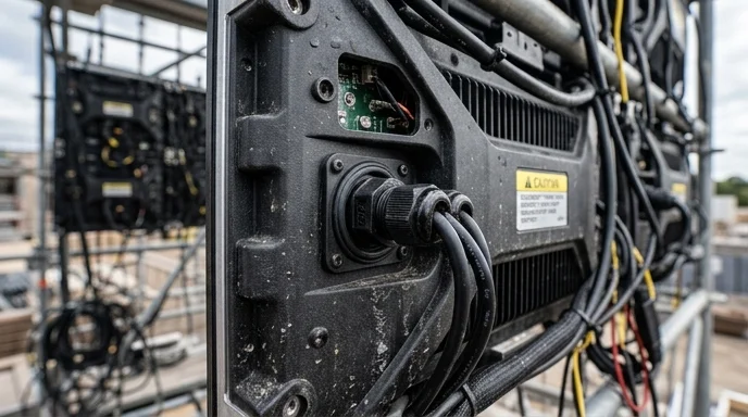 Close-up of the rear waterproof connector of an outdoor display module with dust and stains.