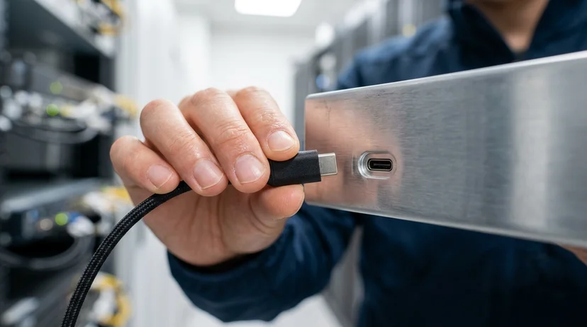 A Korean technician's fingers holding a USB cable near the passthrough port of a controller.