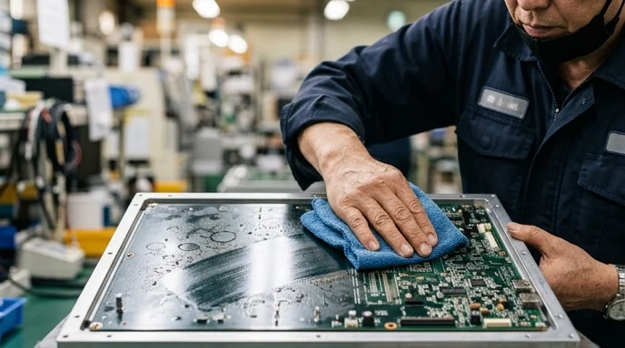 A Korean worker's hand wiping the surface of an industrial board with a cloth.