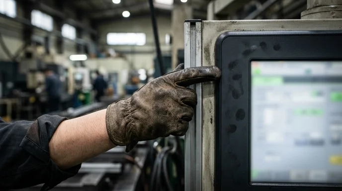 A heavy gloved hand touches the thick frame of an industrial screen, with the content out of focus.
