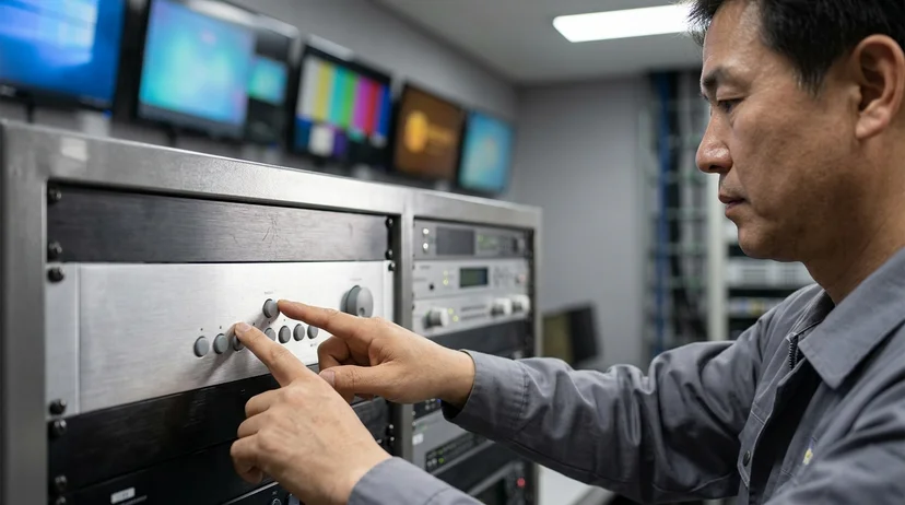 A Korean technician viewed from the side pressing buttons on an AV processor with multiple displays in the background.