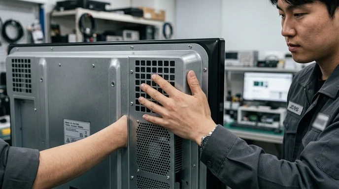 A Korean technician's hand checking the rear panel of a digital signage display.