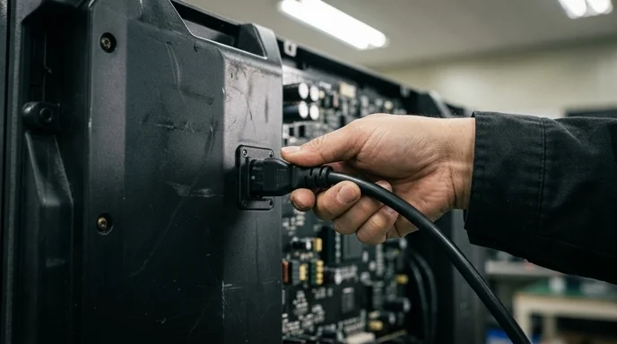 A Korean technician's hand unplugging a power cable from the back of an LED display module showing smudges.