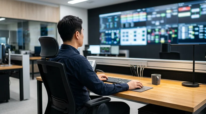 A Korean operator seen from the back sitting at a desk and monitoring a large display board.