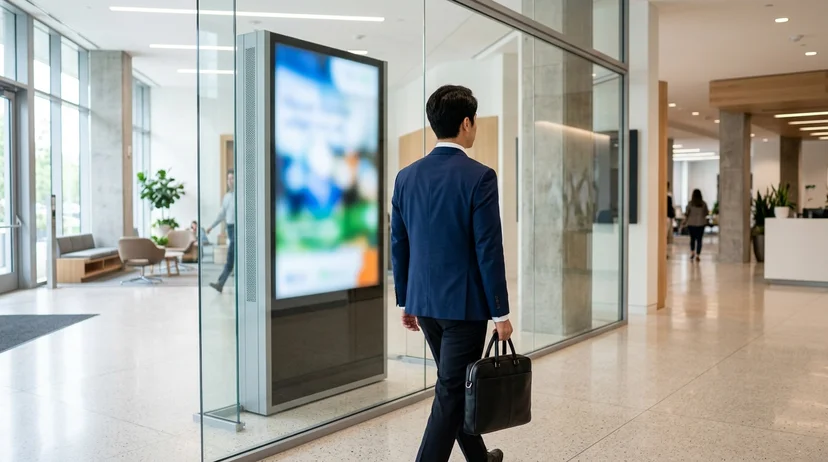 A Korean corporate employee walking past a tall digital signage display behind a glass wall in a bright lobby.