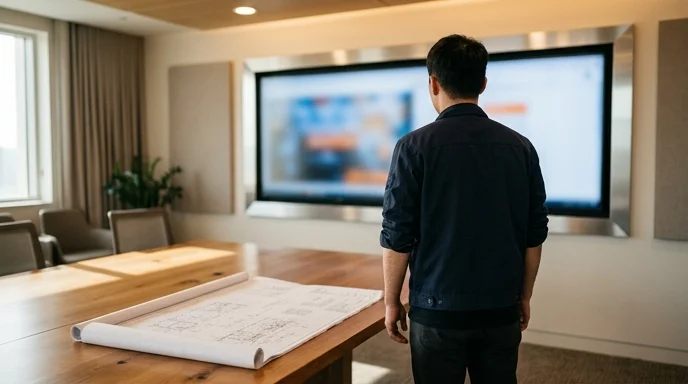 A Korean technician looks at a large display from behind in a bright meeting room with a blueprint on a wooden table.