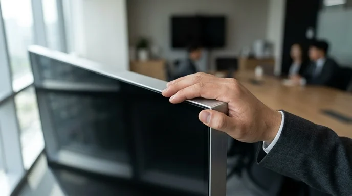 A professional's hand resting on the seamless edge of a large screen panel in a conference room.