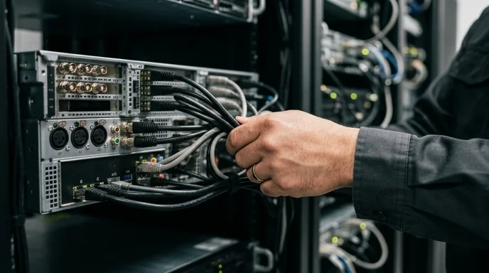 A Korean technician's hand organizing a bundle of cables connected to a media server.