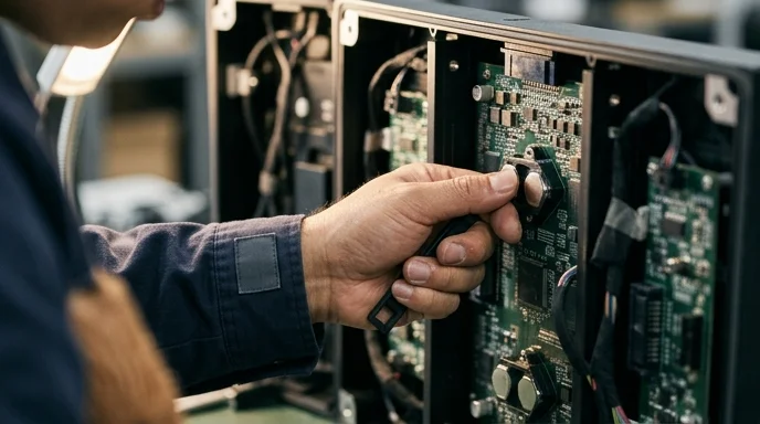 An engineer's hand inspects the magnetic contact points and circuit board inside an open LED cabinet.