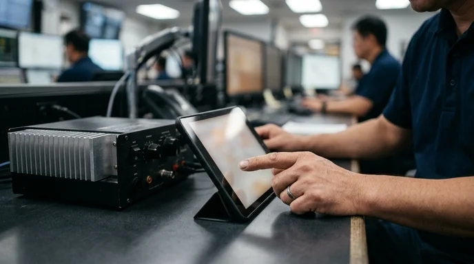 A Korean operator's hand tapping a tablet near a heavy-duty power supply unit on a control desk.