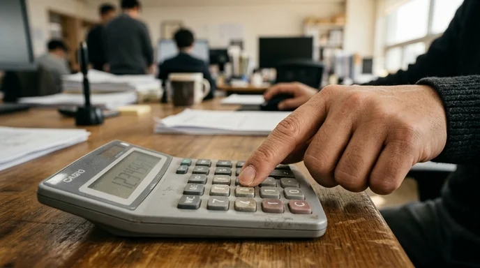 A Korean person's finger pressing a button on a desktop calculator.