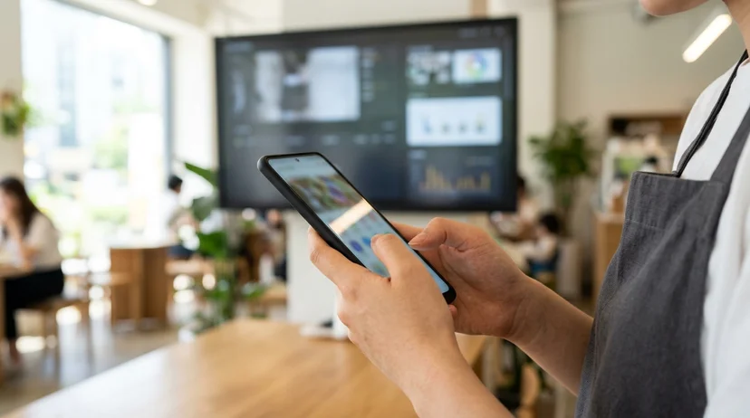 A Korean staff member's hands using a smartphone in front of a large display in a bright cafe.