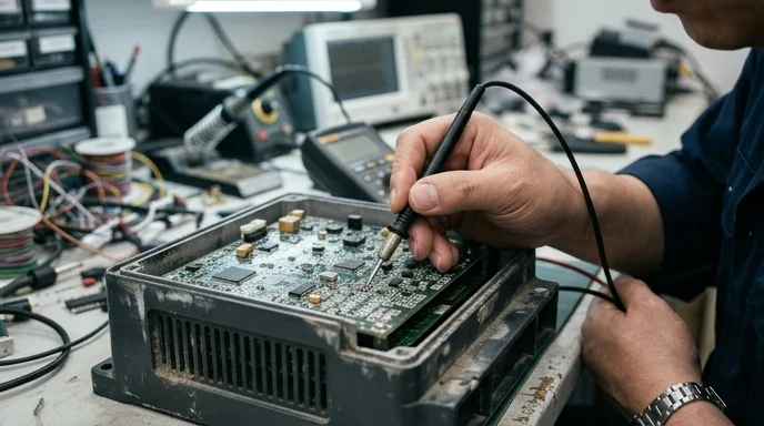 An engineer's hand testing a component on an exposed controller with a probe.