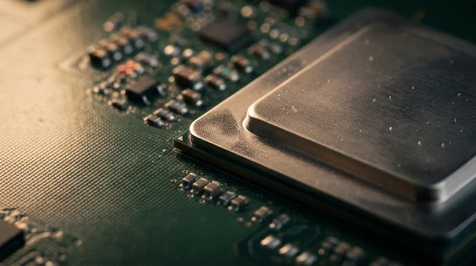 A macro shot of a rendering chipset on a green motherboard, showing tiny dust particles and a fingerprint smudge.