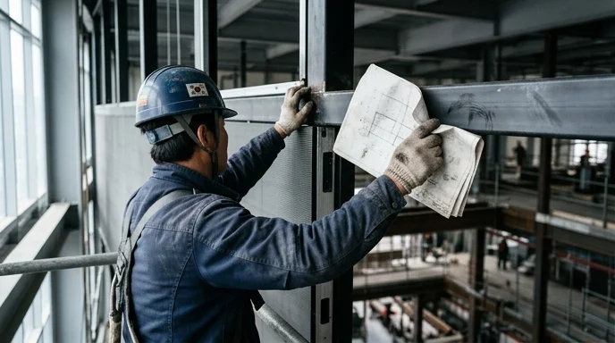 Back view of a Korean worker adjusting a screen frame while holding a blueprint, with lower floor out of focus.