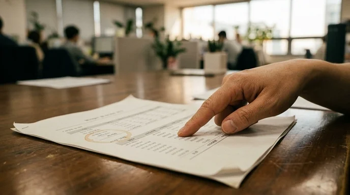 A Korean planner's hand pointing at a printed document on a meeting table.