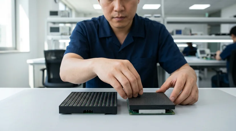 A technician's bare hands placing two different LED display module samples side by side on a bright workbench.