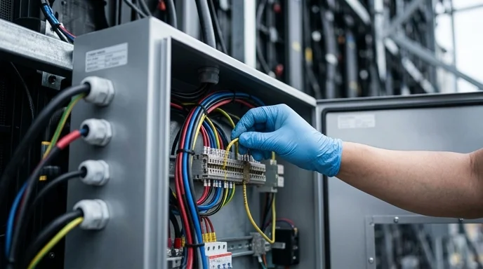 A Korean technician's gloved hand checking the wiring inside a power distribution box.