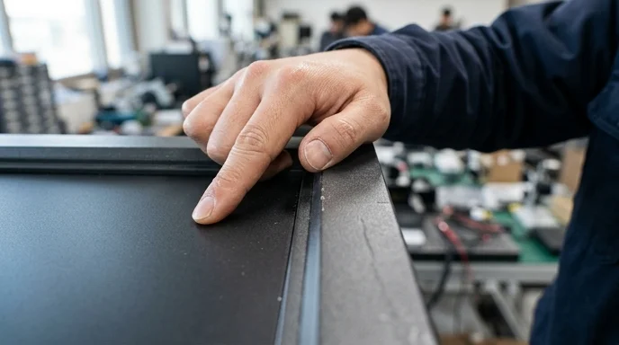 A Korean technician's bare hand pressing the smooth surface of a die-cast LED cabinet.
