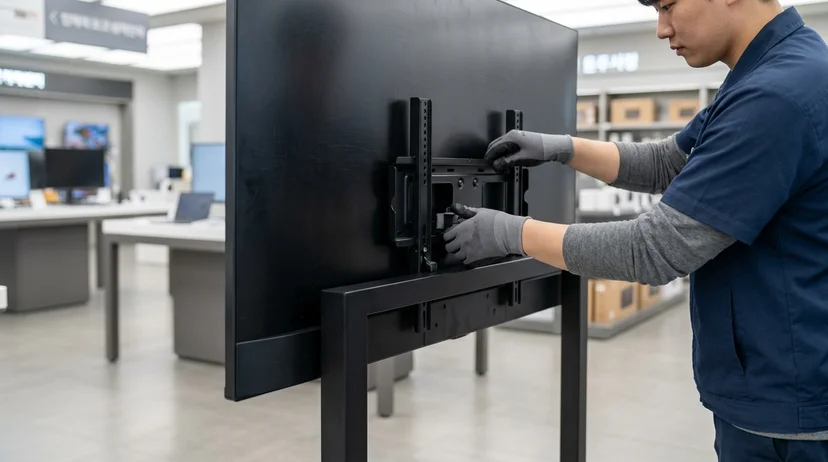 A Korean technician's gloved hands mounting a large display onto a flat floor stand in a store.