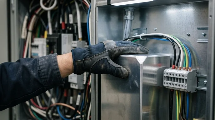 An electrician's gloved hand touches the metal casing of a power supply unit inside a junction box.