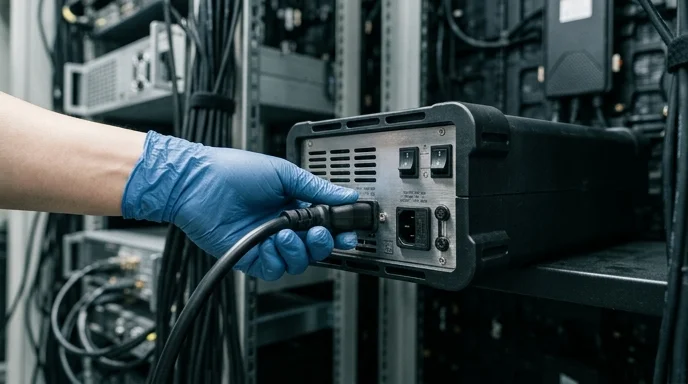 A Korean engineer's gloved hand connects a power cable to the dual power supply of an LED cabinet.