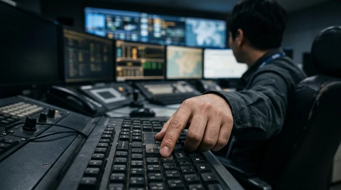 The hand of an operator pressing a key on a control console desk.
