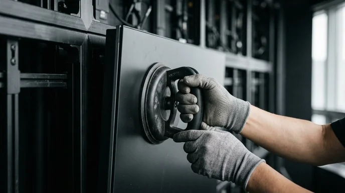 A Korean maintenance worker's gloved hands using a suction cup tool to remove an LED panel.
