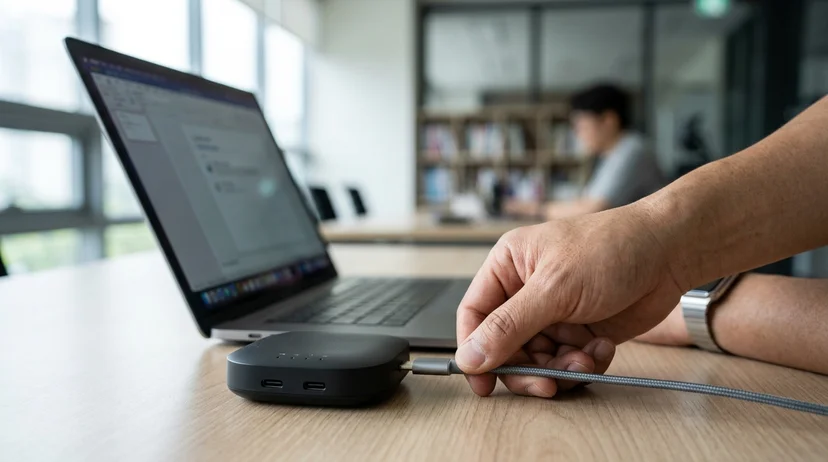 A Korean worker's hand connecting a cable to a wireless screen-sharing device port.